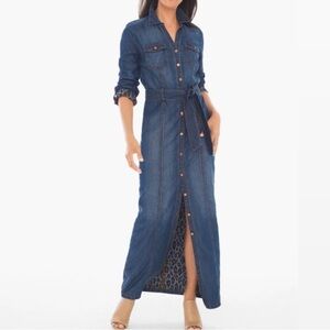 Chico's Dark Blue Denim Shirt Maxi Dress with Tie Waist